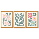 Set of 3 Boho Pink Green Floral Framed Art Prints with Oak Wooden Frames