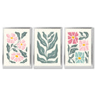 Set of 3 Boho Pink Green Floral Framed Art Prints with Silver Wood Frames