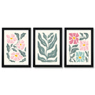 Set of 3 Boho Pink Green Floral Framed Art Prints with Vermeer Black Frames