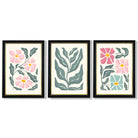 Set of 3 Boho Pink Green Floral Framed Art Prints with Vermeer Black and Gold Frames