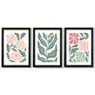 Set of 3 Boho Pink Green Floral Framed Art Prints with Vermeer Black and Silver Frames