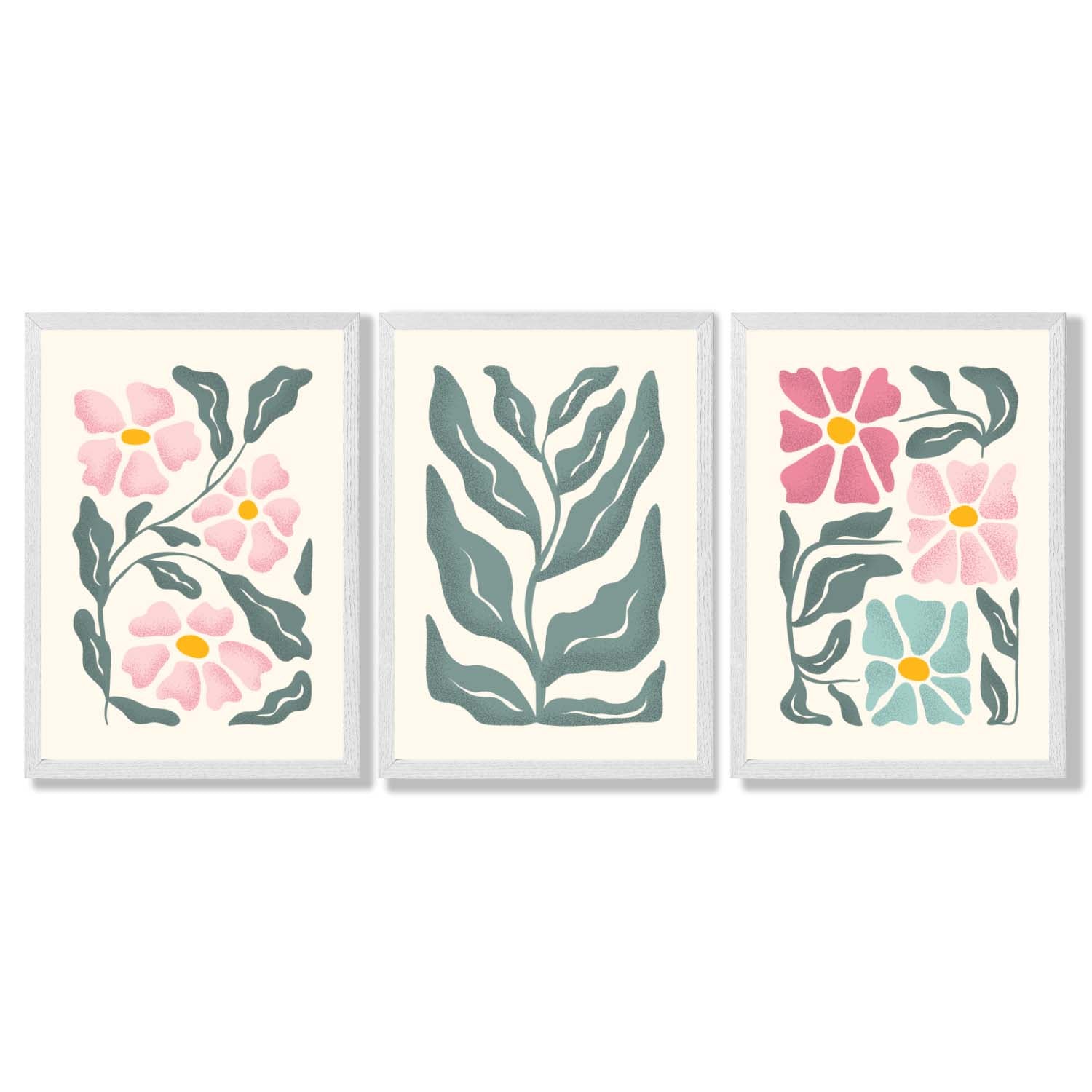 Set of 3 Boho Pink Green Floral Framed Art Prints with White Wooden Frames