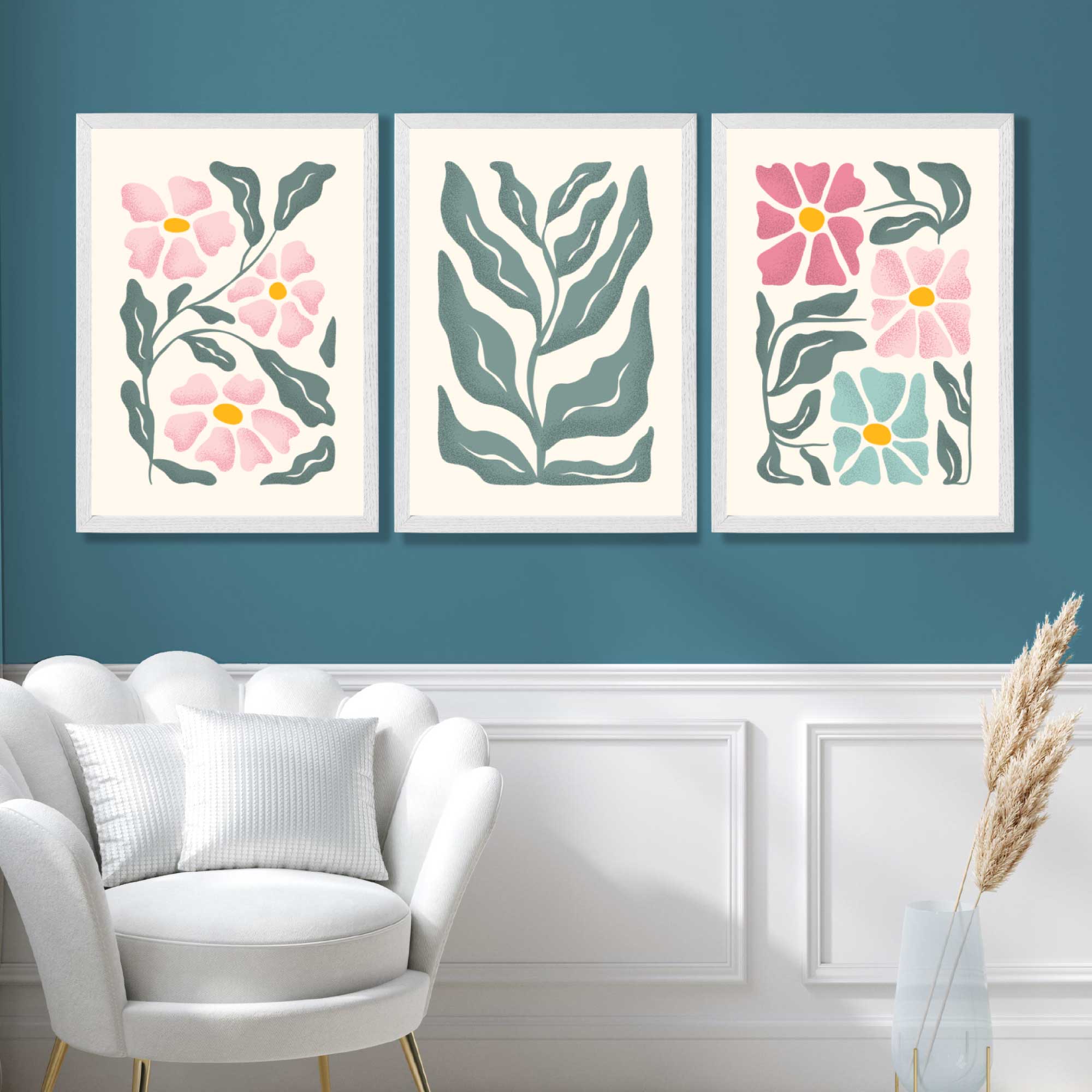 Set of 3 Boho Pink Green Floral Art Prints in Luxury Frames | Artze UK