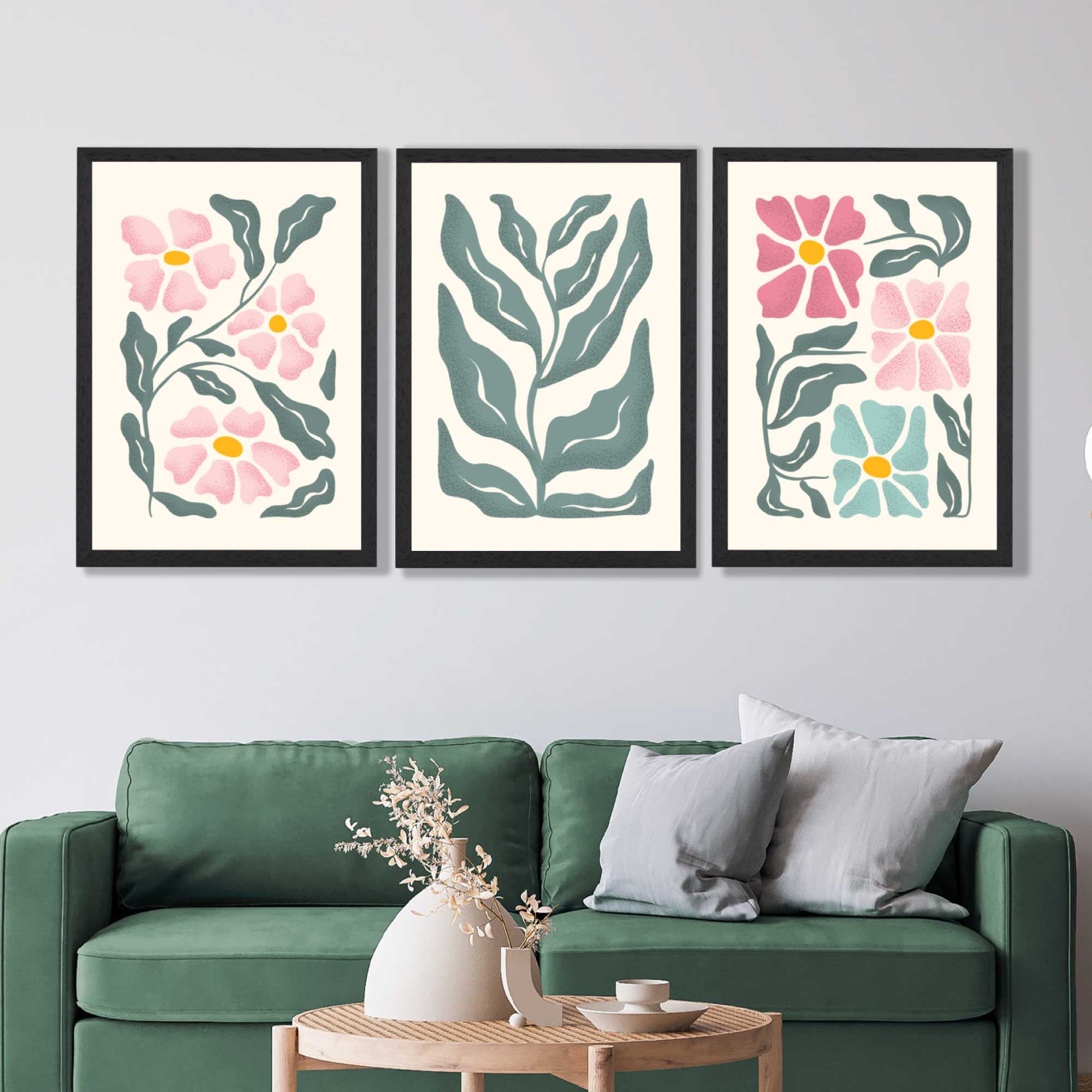 Set of 3 Boho Pink Green Floral Art Prints in Black Frames | Artze UK