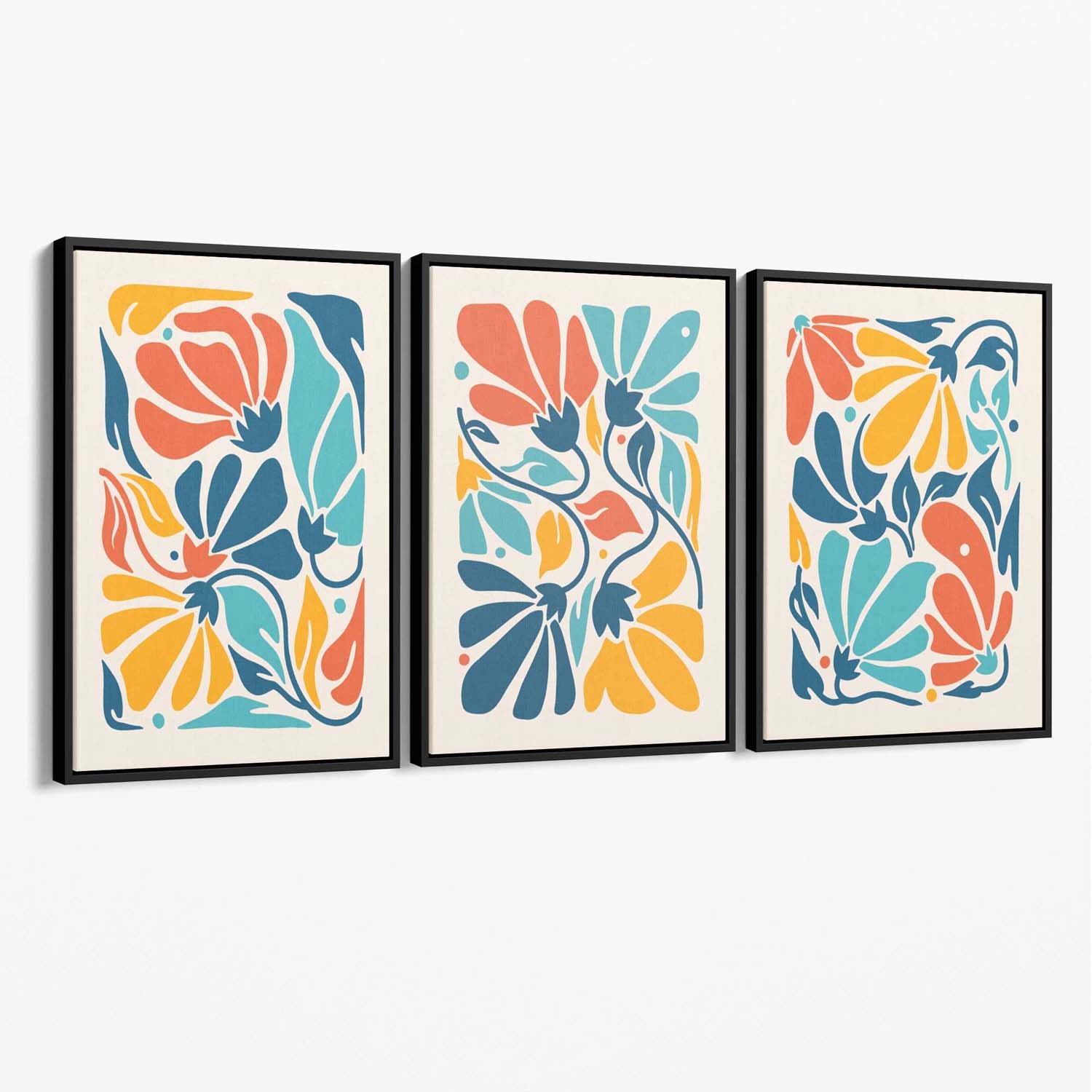 Set of 3 Colourful Floral Canvas Art Prints with Black Float Frame