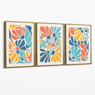 Set of 3 Colourful Floral Canvas Art Prints with Gold Float Frame