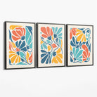 Set of 3 Colourful Floral Canvas Art Prints with Grey Float Frame