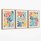 Set of 3 Colourful Floral Canvas Art Prints with Oak Float Frame