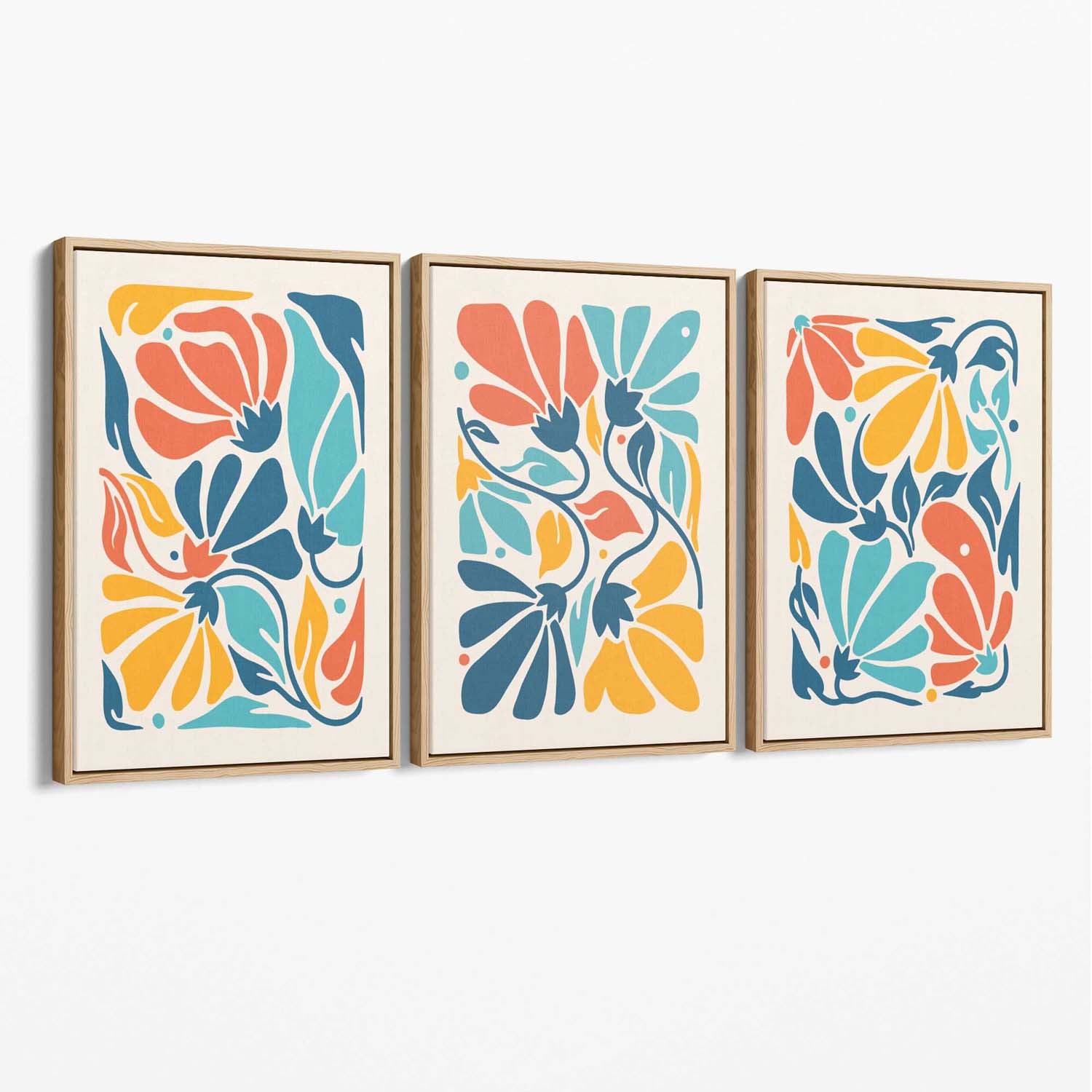 Set of 3 Colourful Floral Canvas Art Prints with Oak Float Frame