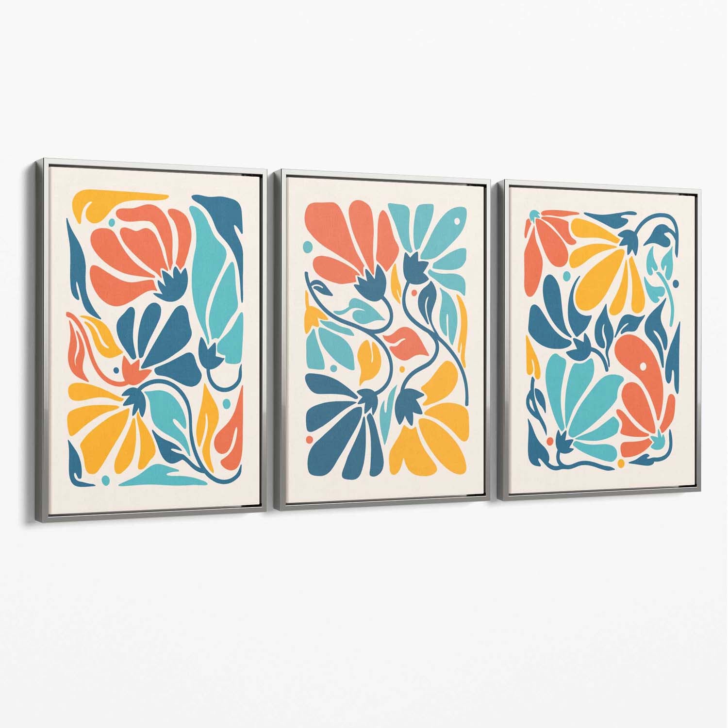 Set of 3 Colourful Floral Canvas Art Prints with Silver Float Frame