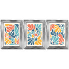 Set of 3 Colourful Floral Framed Art Prints with Glossy Chrome Frames