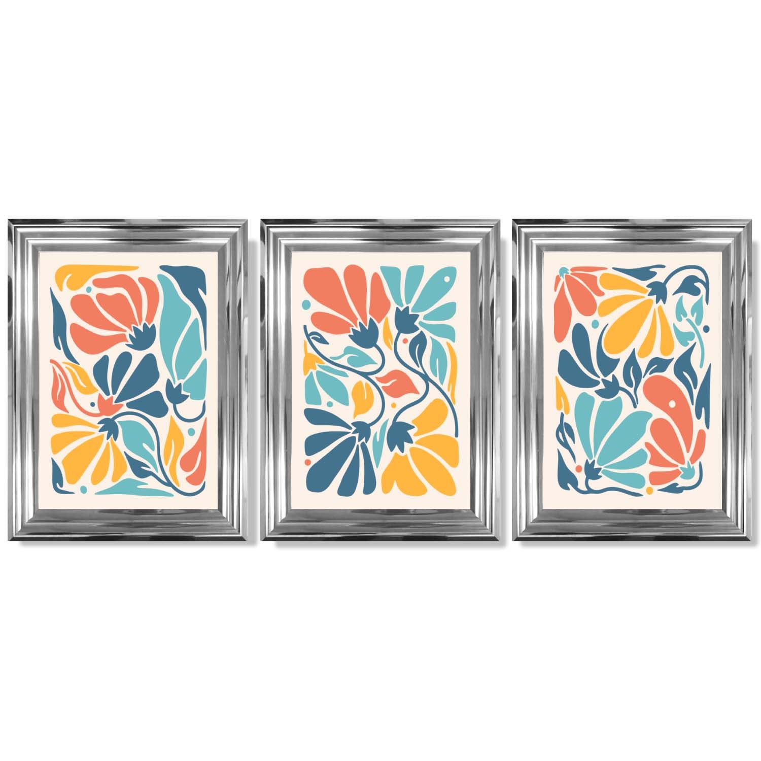 Set of 3 Colourful Floral Framed Art Prints with Glossy Chrome Frames