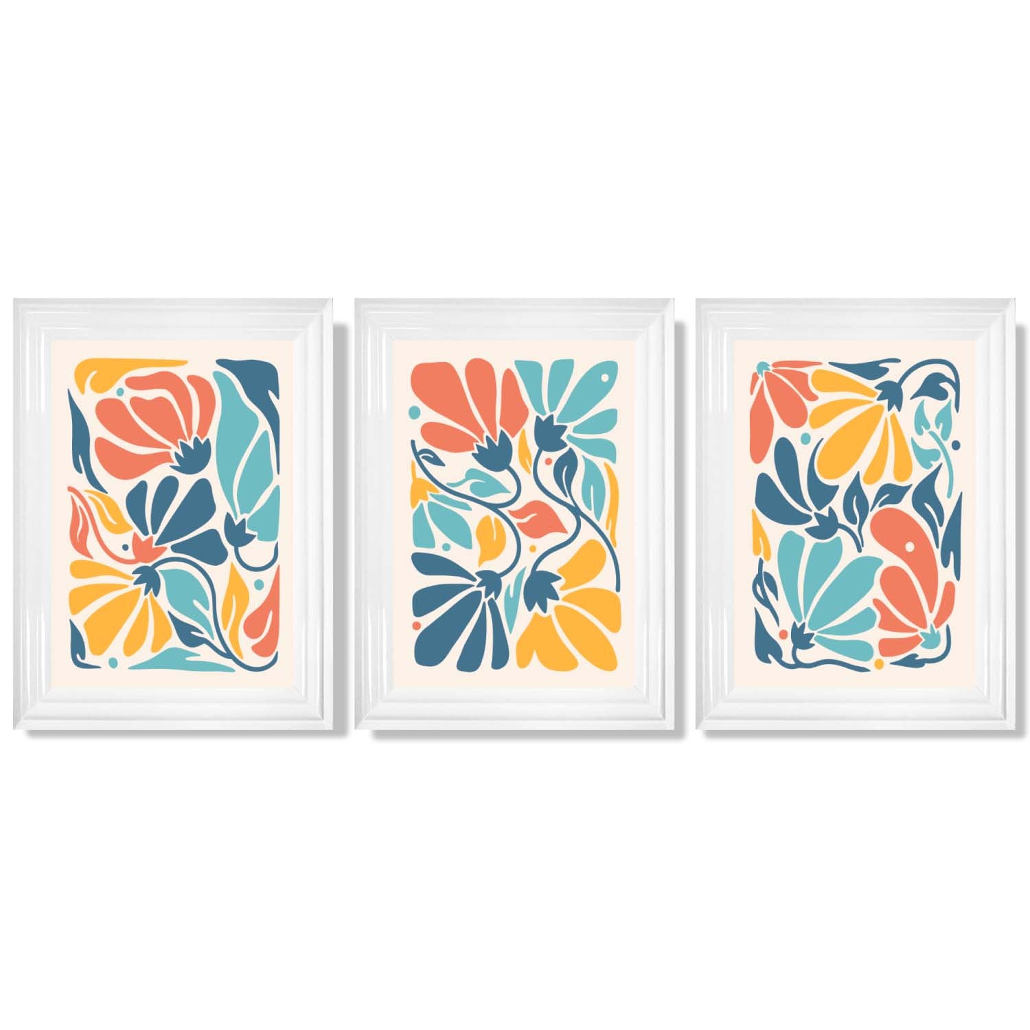 Set of 3 Colourful Floral Framed Art Prints with Glossy White Frames