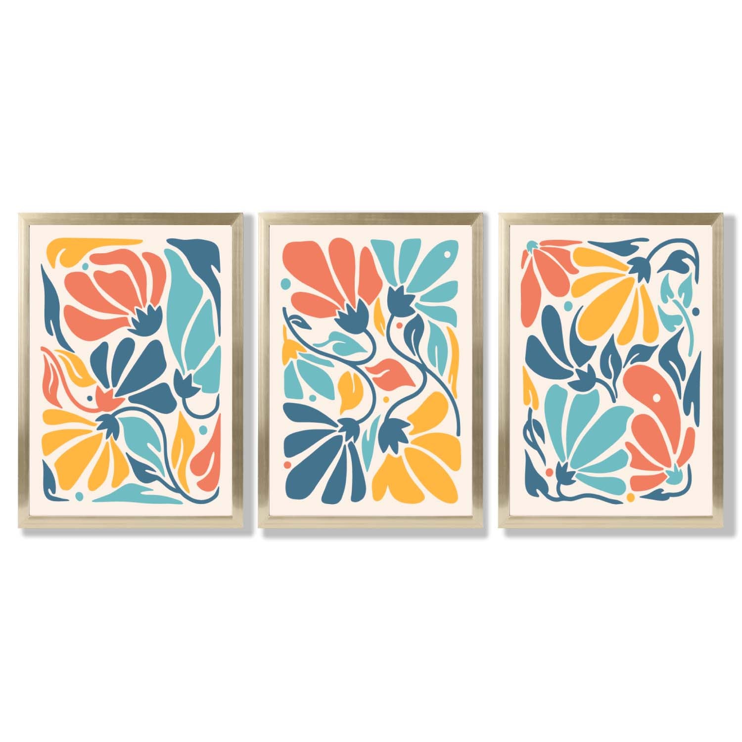 Set of 3 Colourful Floral Framed Art Prints with Gold Wood Frames