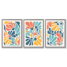 Set of 3 Colourful Floral Framed Art Prints with Light Grey Wooden Frames