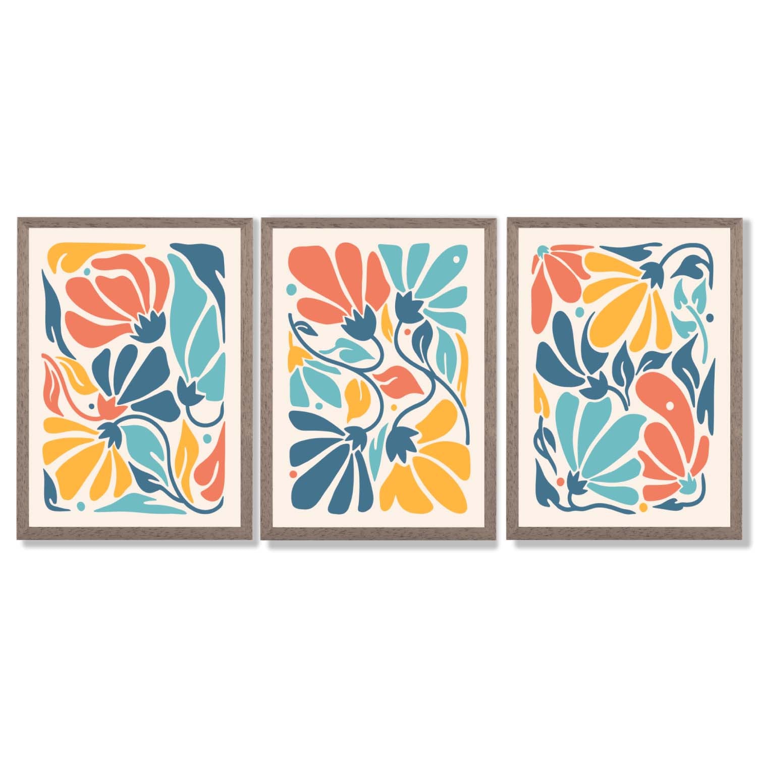 Set of 3 Colourful Floral Framed Art Prints with Light Walnut Frames