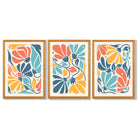 Set of 3 Colourful Floral Framed Art Prints with Oak Wooden Frames