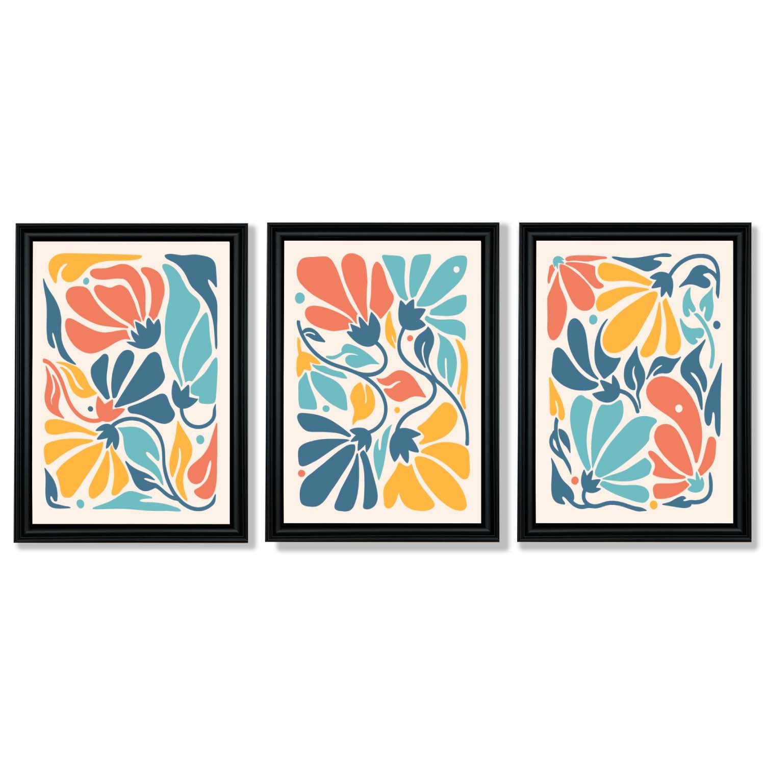 Set of 3 Colourful Floral Framed Art Prints with Vermeer Black Frames