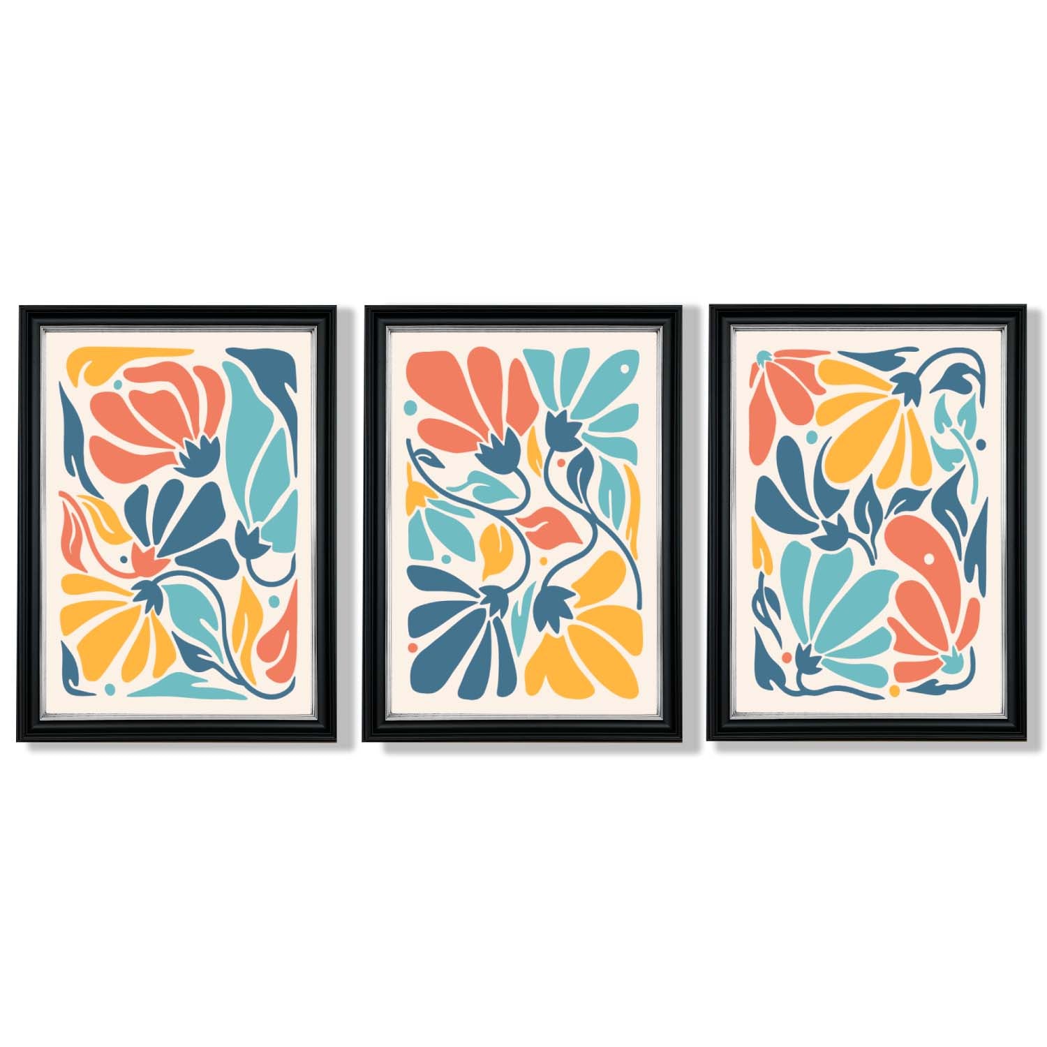 Set of 3 Colourful Floral Framed Art Prints with Vermeer Black and Silver Frames