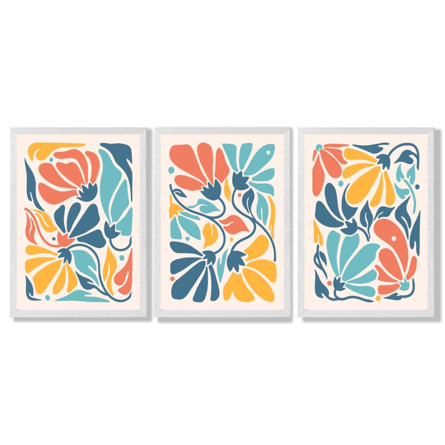 Set of 3 Colourful Floral Framed Art Prints with White Wooden Frames