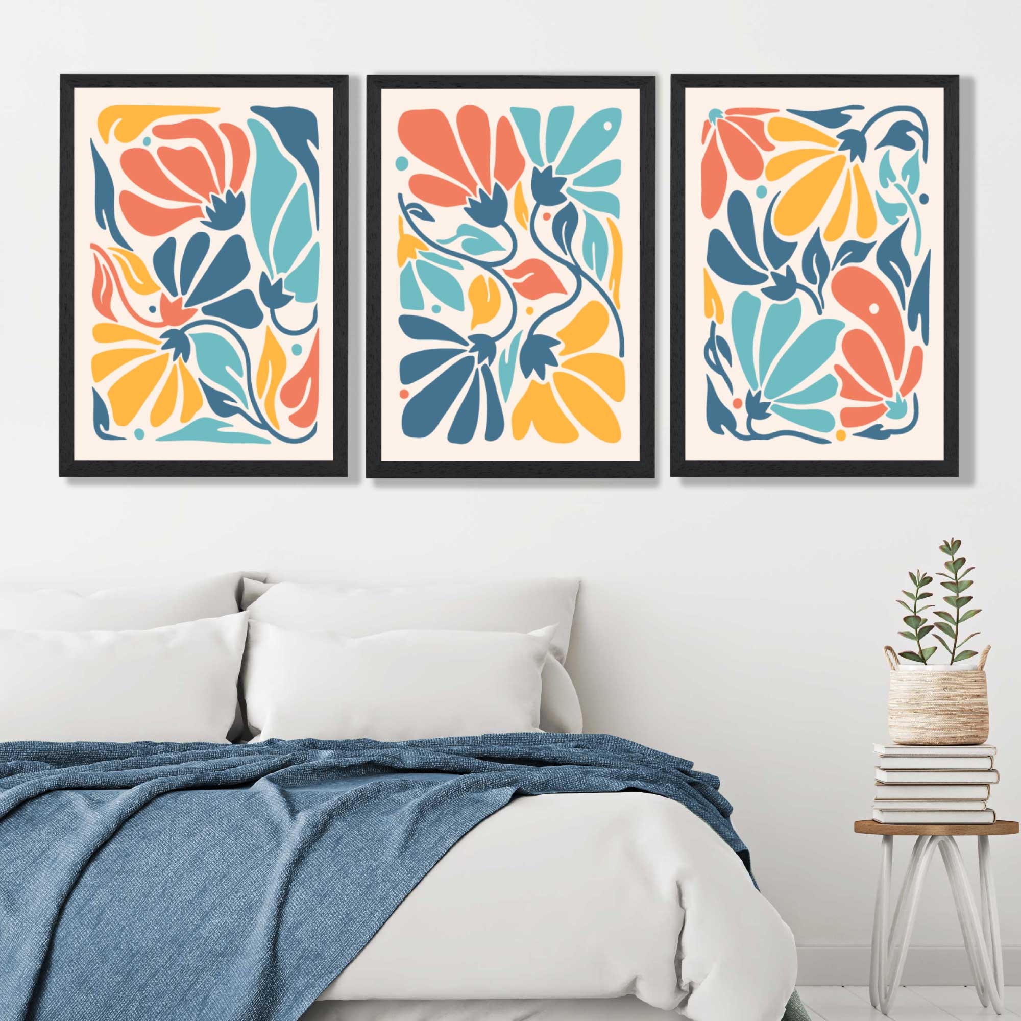 Set of 3 Colourful Floral Art Prints in Black Frames | Artze UK