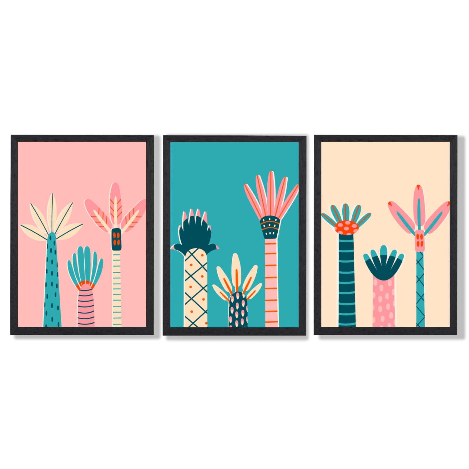 Set of 3 Miami Pink and Teal Palm Trees Framed Art Prints with Black Wooden Frames