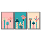 Set of 3 Miami Pink and Teal Palm Trees Framed Art Prints with Dark Grey Wooden Frames