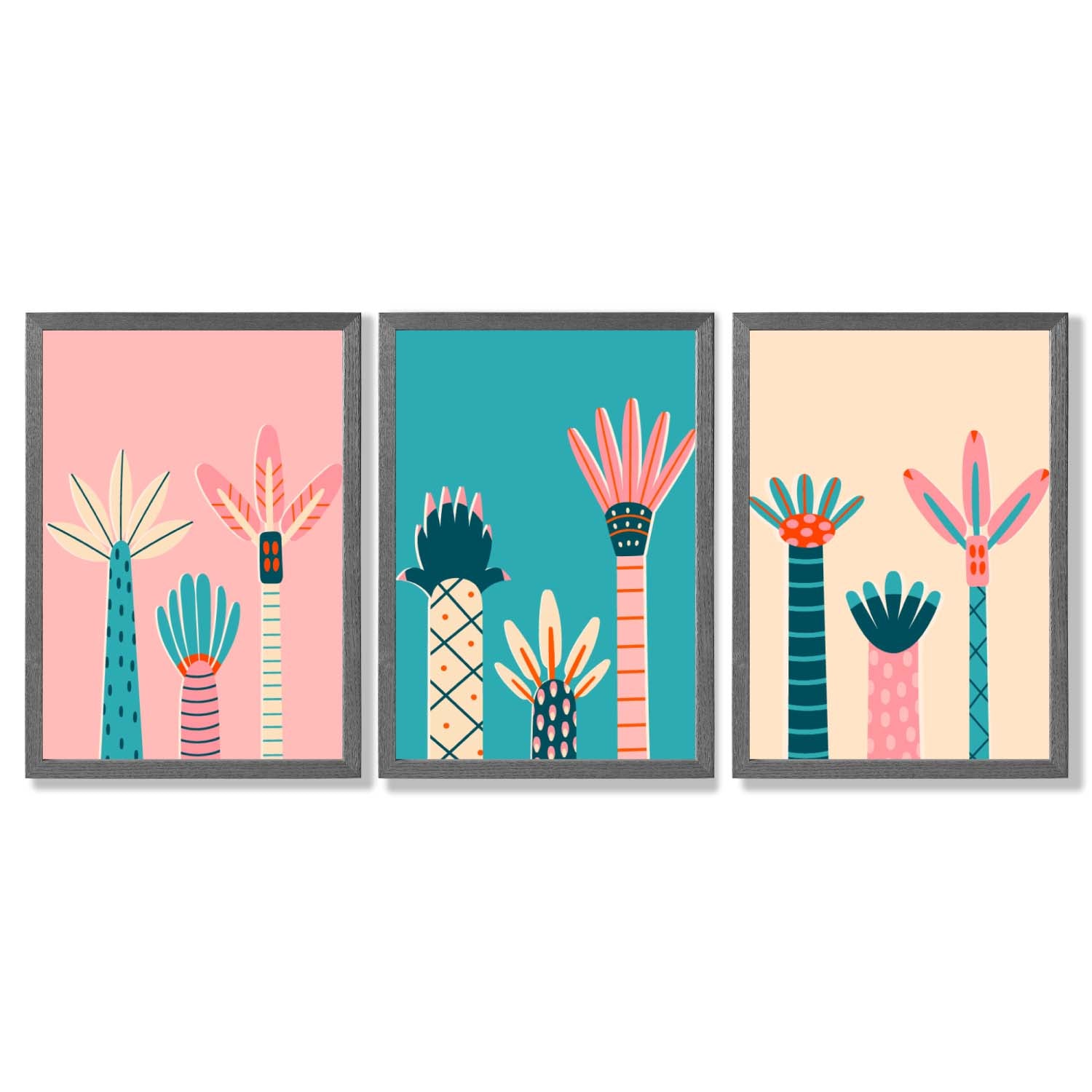 Set of 3 Miami Pink and Teal Palm Trees Framed Art Prints with Dark Grey Wooden Frames