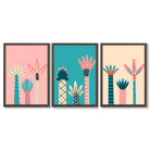 Set of 3 Miami Pink and Teal Palm Trees Framed Art Prints with Dark Wood Frames