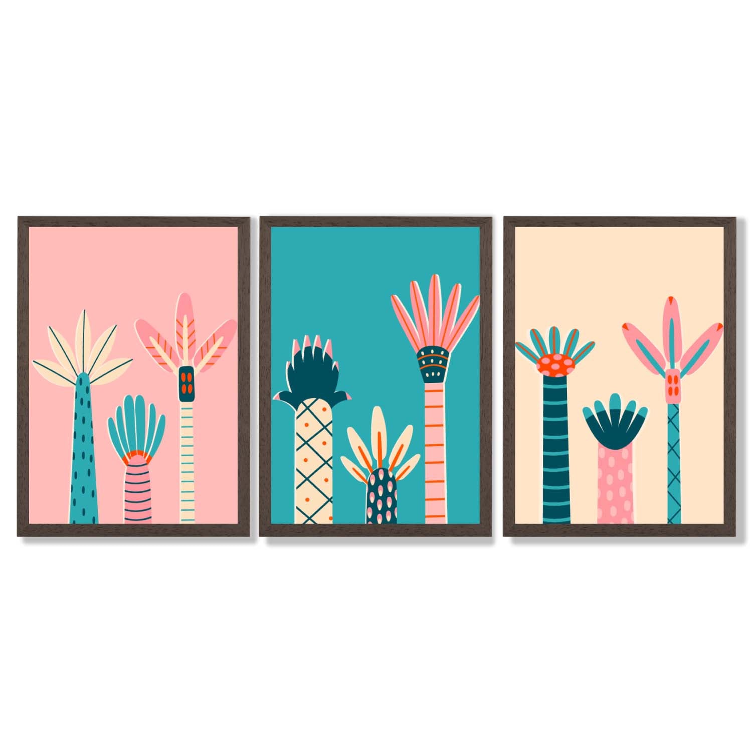 Set of 3 Miami Pink and Teal Palm Trees Framed Art Prints with Dark Wood Frames