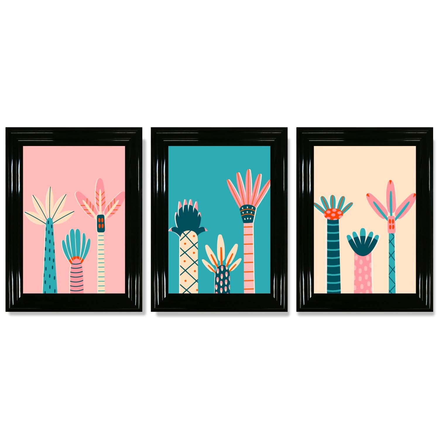 Set of 3 Miami Pink and Teal Palm Trees Framed Art Prints with Glossy Black Frames