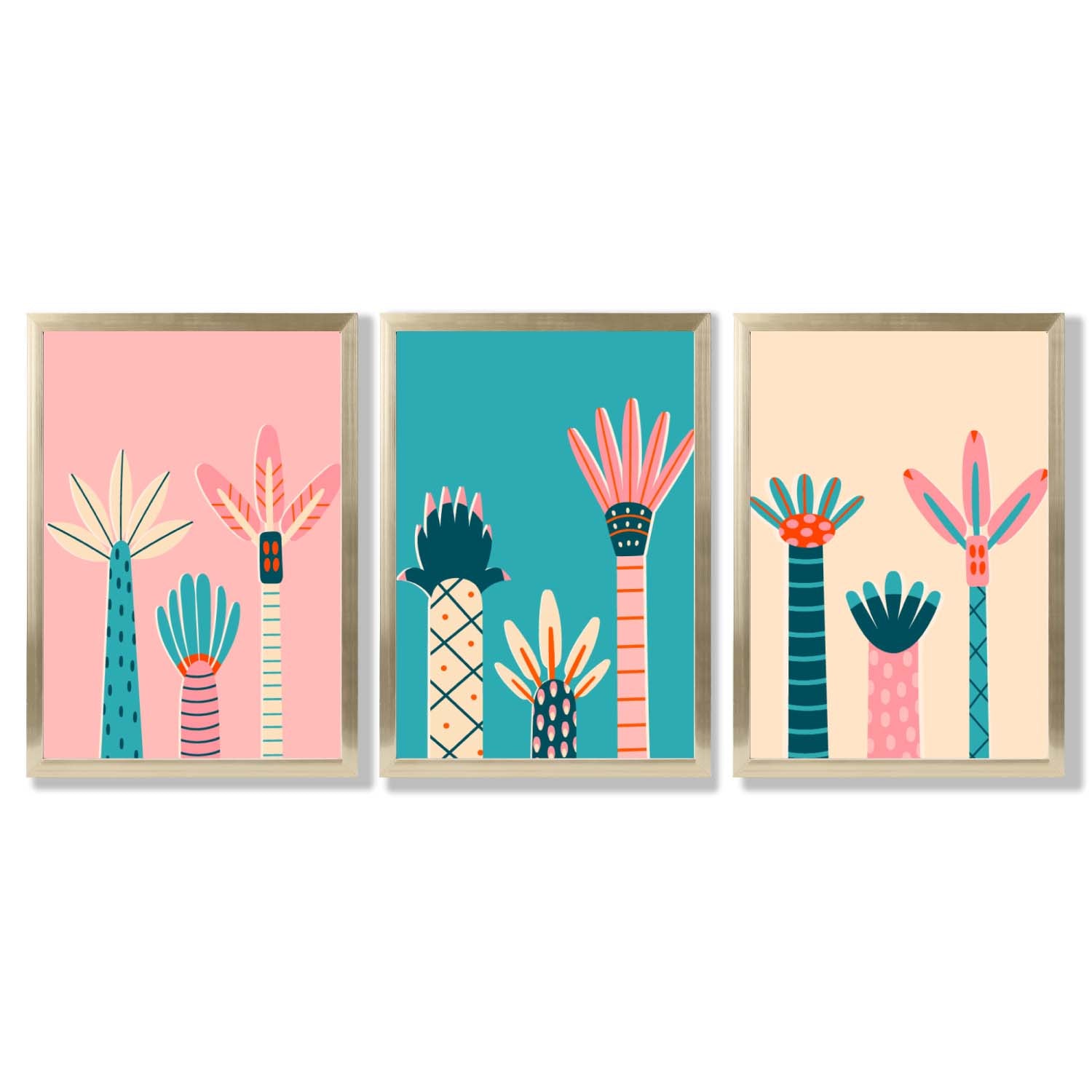 Set of 3 Miami Pink and Teal Palm Trees Framed Art Prints with Gold Wood Frames