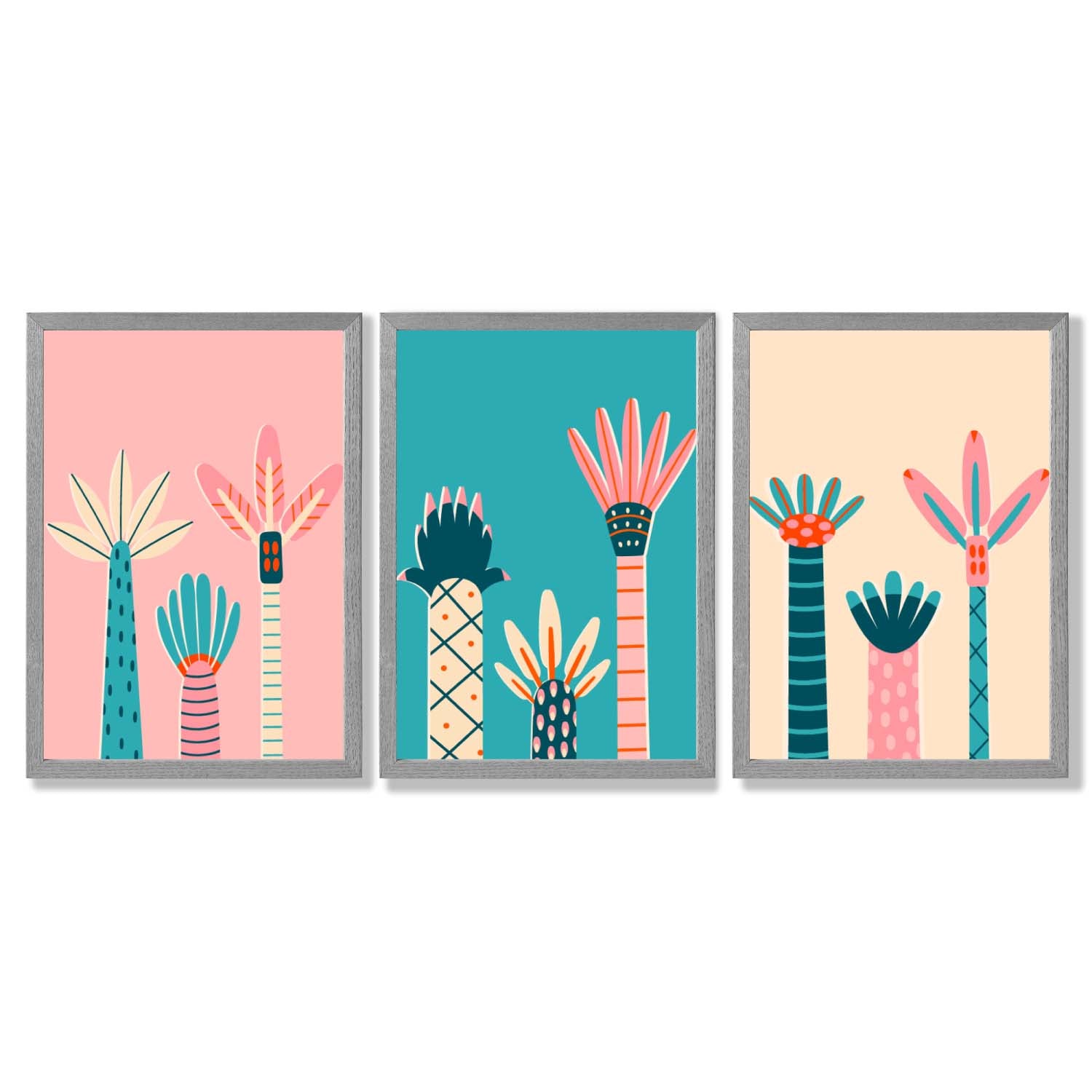 Set of 3 Miami Pink and Teal Palm Trees Framed Art Prints with Light Grey Wooden Frames