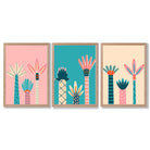 Set of 3 Miami Pink and Teal Palm Trees Framed Art Prints with Light Oak Frames