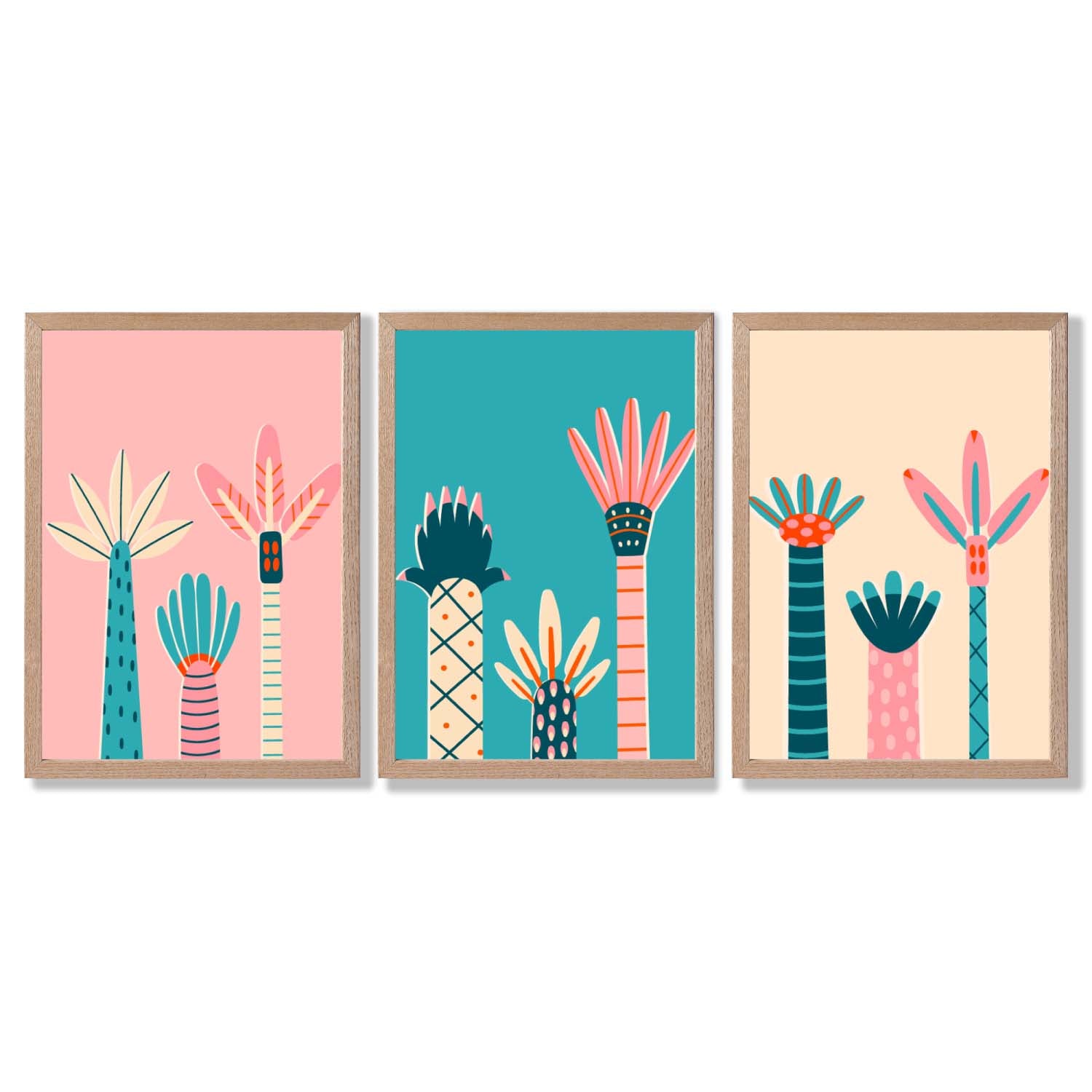 Set of 3 Miami Pink and Teal Palm Trees Framed Art Prints with Light Oak Frames