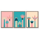 Set of 3 Miami Pink and Teal Palm Trees Framed Art Prints with Light Walnut Frames