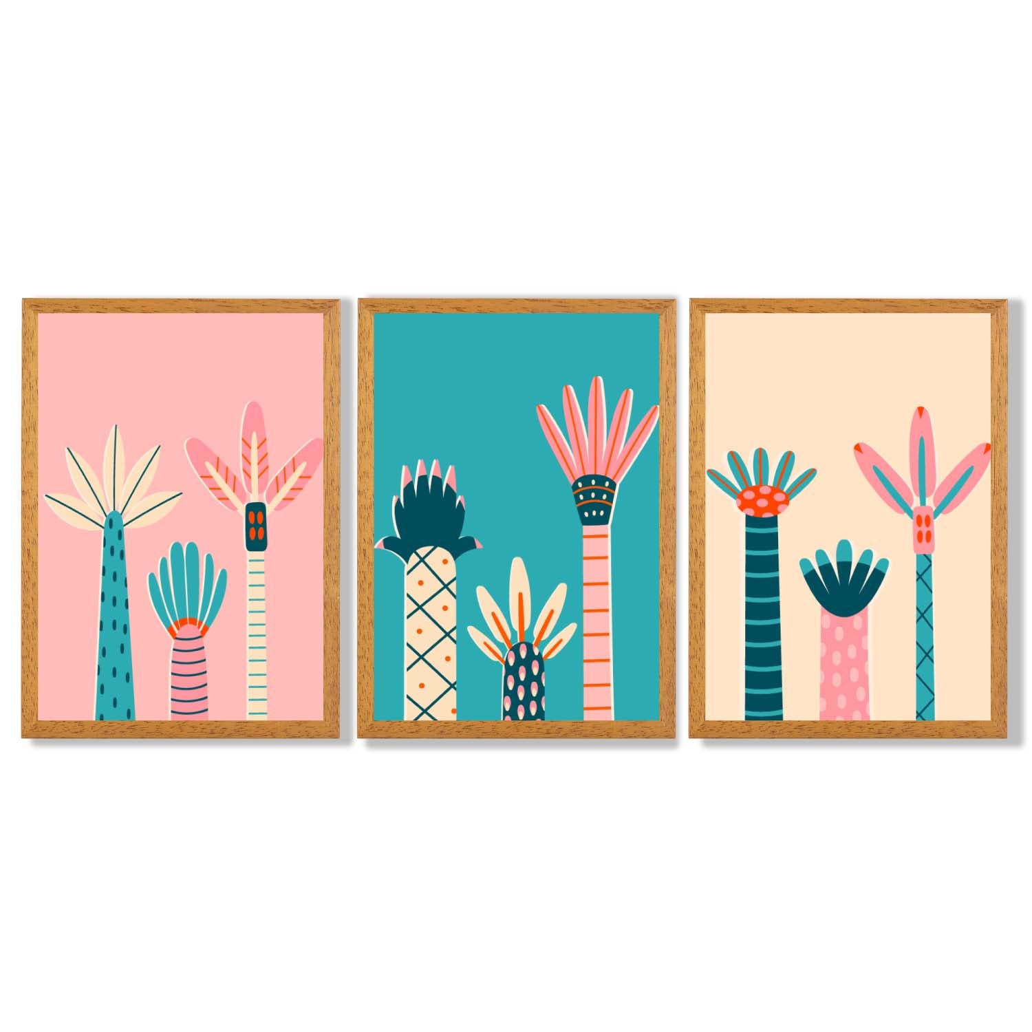 Set of 3 Miami Pink and Teal Palm Trees Framed Art Prints with Oak Wooden Frames