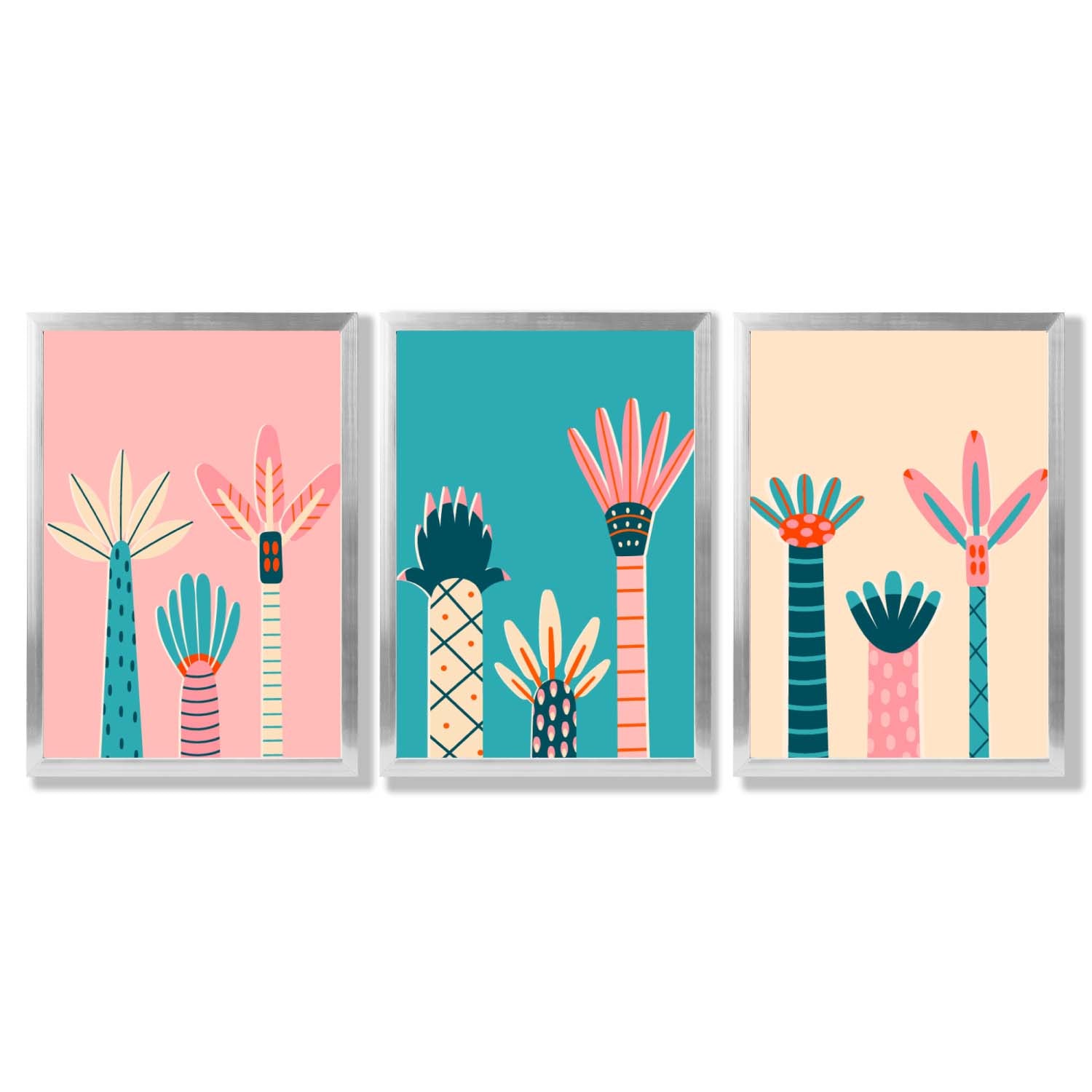 Set of 3 Miami Pink and Teal Palm Trees Framed Art Prints with Silver Wood Frames