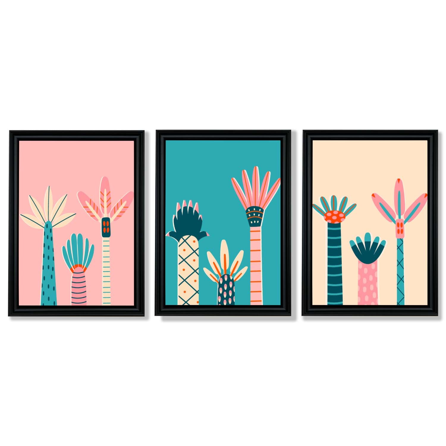 Set of 3 Miami Pink and Teal Palm Trees Framed Art Prints with Vermeer Black Frames