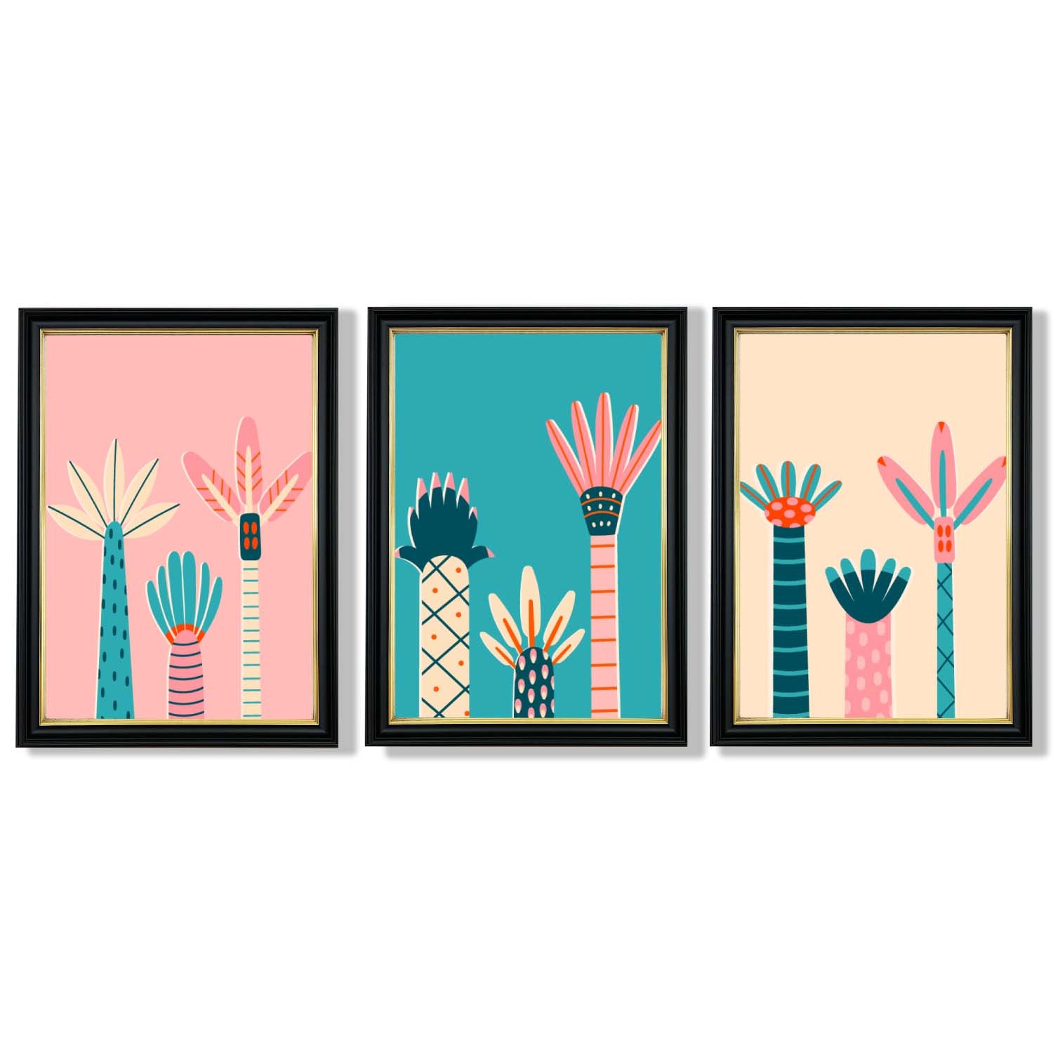 Set of 3 Miami Pink and Teal Palm Trees Framed Art Prints with Vermeer Black and Gold Frames