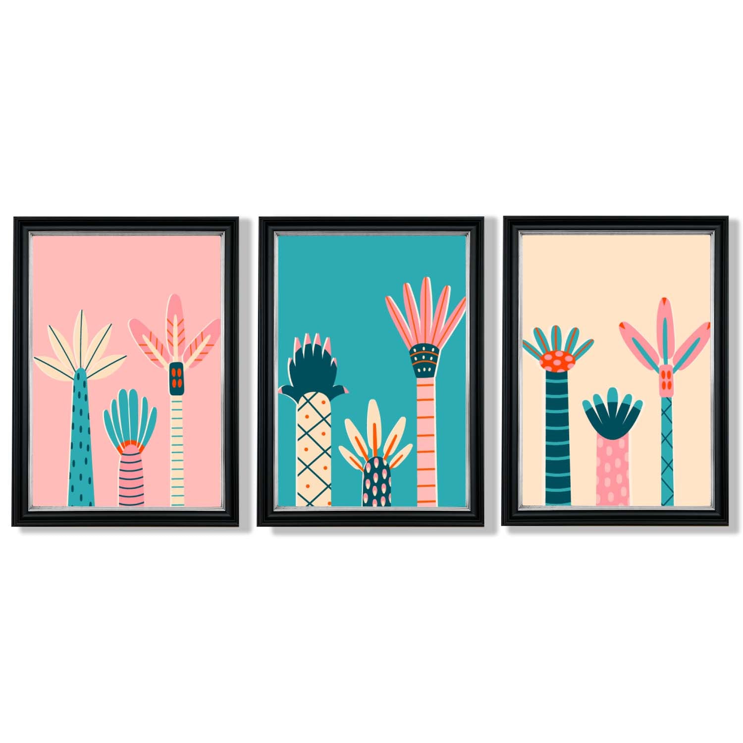 Set of 3 Miami Pink and Teal Palm Trees Framed Art Prints with Vermeer Black and Silver Frames