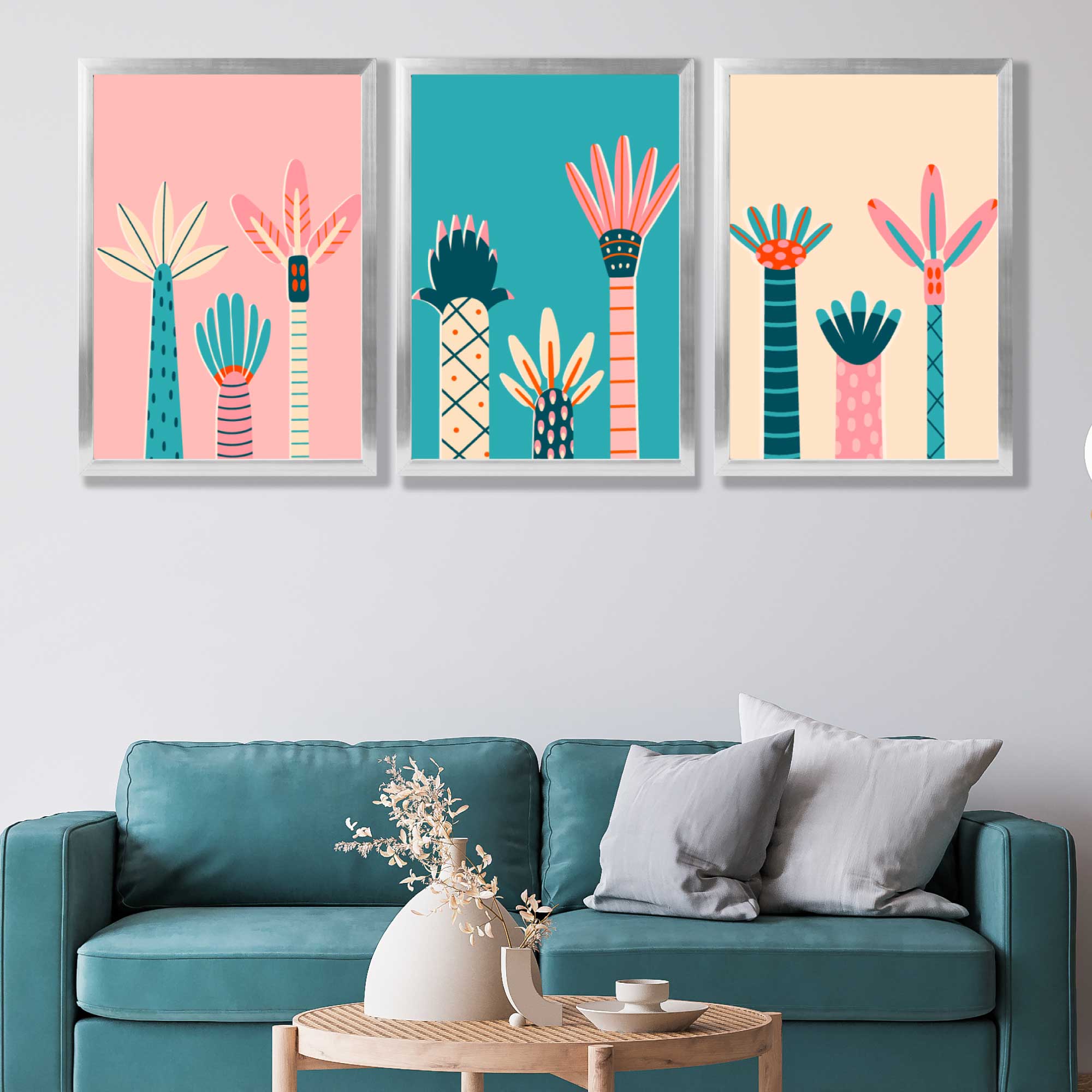 Set of 3 Miami Pink and Teal Palm Trees Art Prints in Luxury Frames | Artze UK