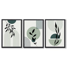 Set of 3 Sage Green Boho Floral Arches Framed Art Prints with Black Wooden Frames