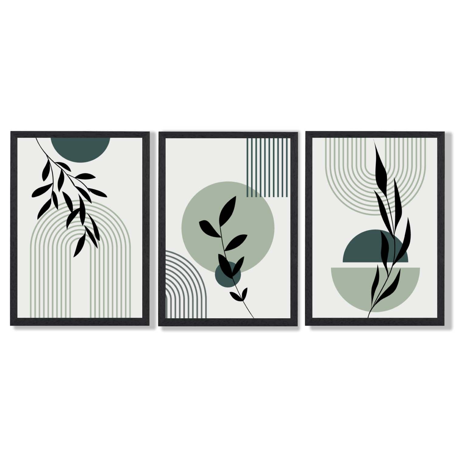 Set of 3 Sage Green Boho Floral Arches Framed Art Prints with Black Wooden Frames