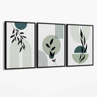 Set of 3 Sage Green Boho Floral Arches Canvas Art Prints with Black Float Frame