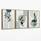 Set of 3 Sage Green Boho Floral Arches Canvas Art Prints with Gold Float Frame