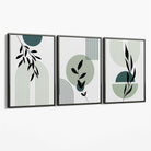 Set of 3 Sage Green Boho Floral Arches Canvas Art Prints with Grey Float Frame