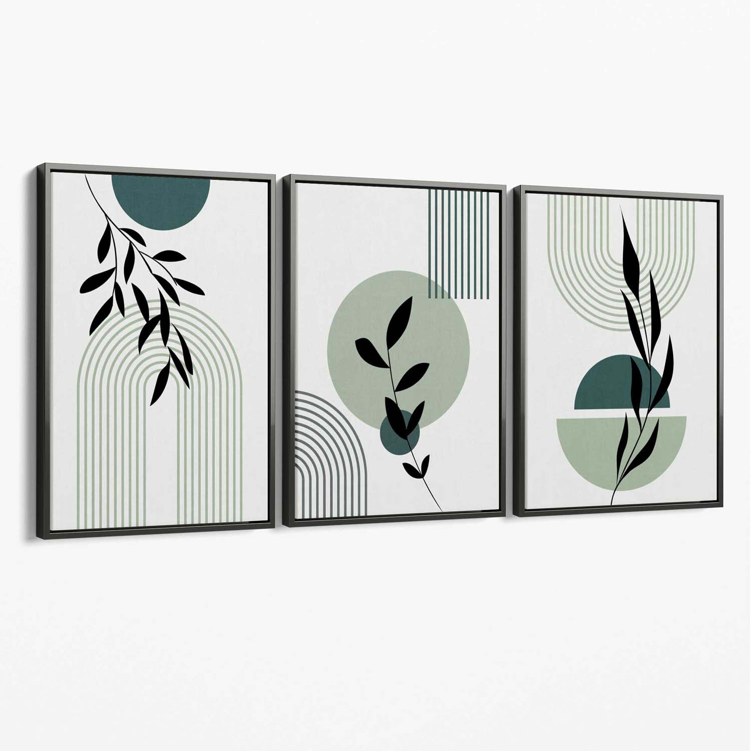 Set of 3 Sage Green Boho Floral Arches Canvas Art Prints with Grey Float Frame