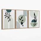 Set of 3 Sage Green Boho Floral Arches Canvas Art Prints with Oak Float Frame