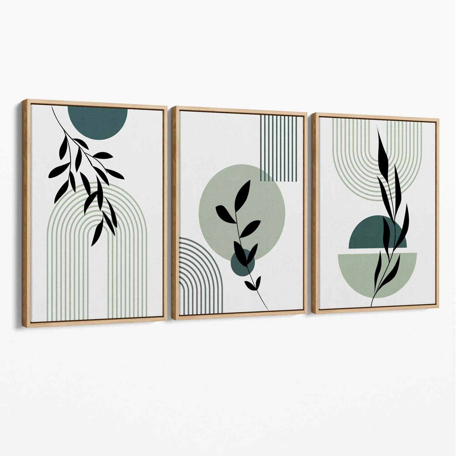 Set of 3 Sage Green Boho Floral Arches Canvas Art Prints with Oak Float Frame